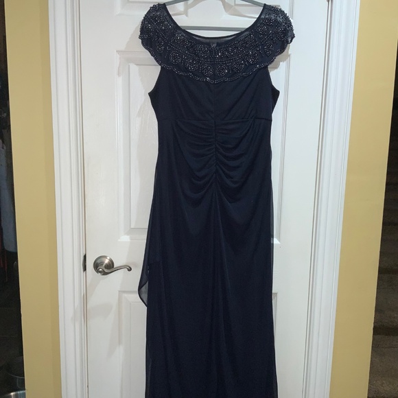 MSK navy beaded full length sleeveless formal dress Sz 14 ruching side ruffle - Picture 6 of 13